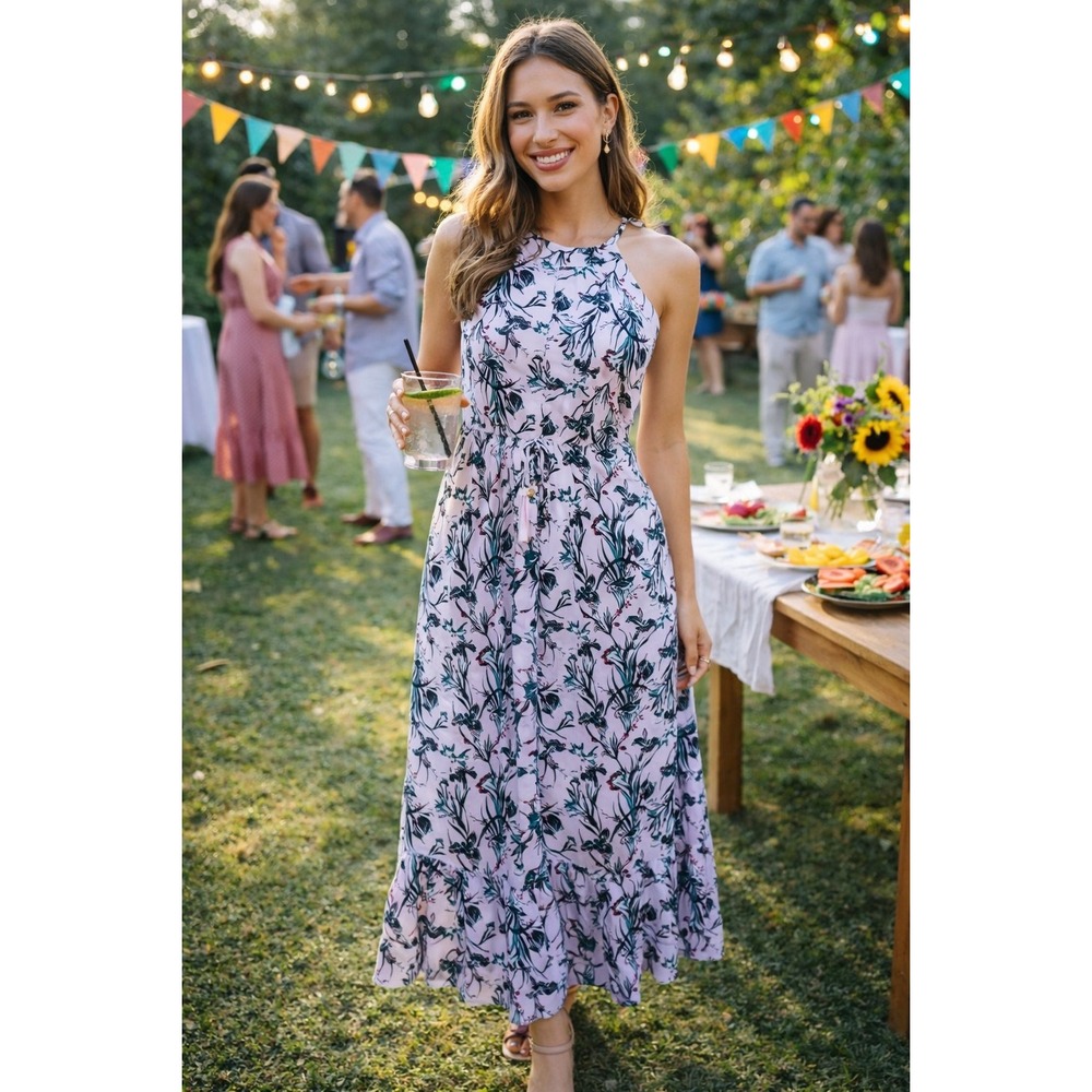Rachel Ashwell Floral Halter Tiered Maxi‎ Dress Size Medium Lavender Party